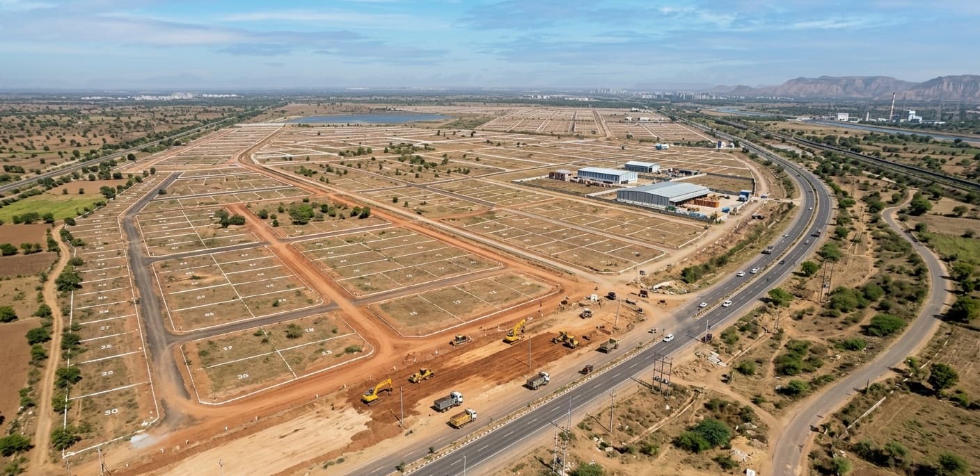 Aerial view of plotted development and trunk roads across the Dholera corridor