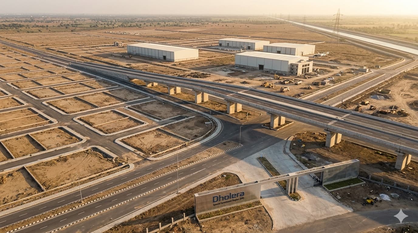 Dholera gateway with laid-out road grid, interchange and early industrial sheds