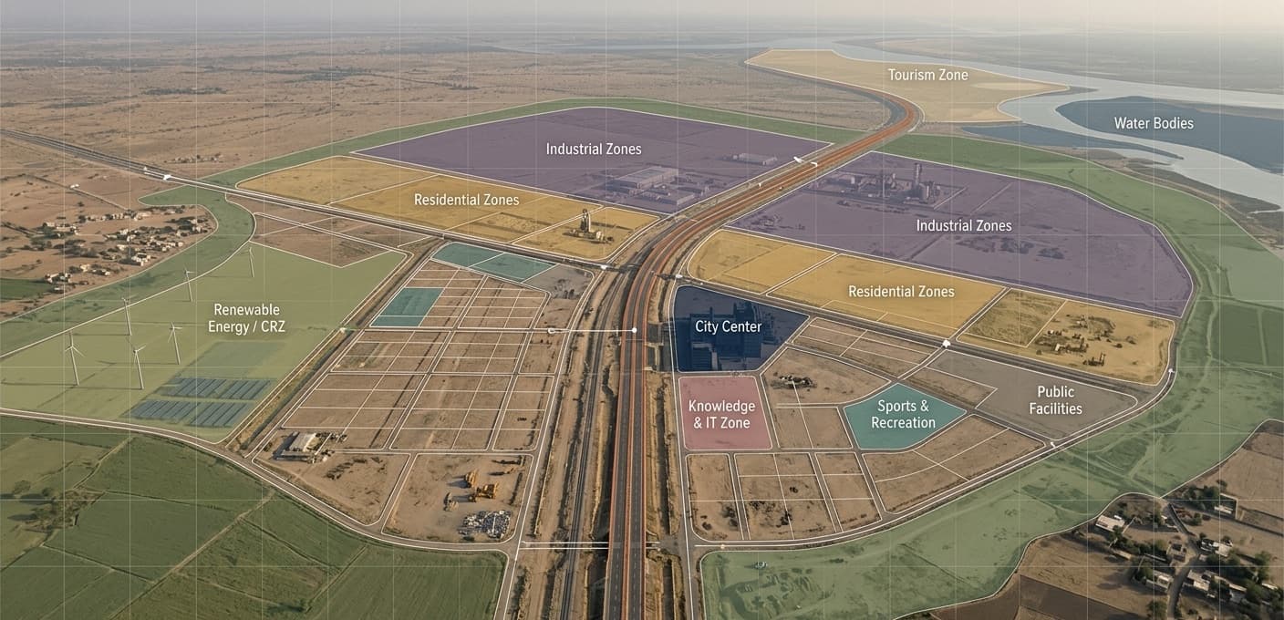 Master-plan overlay of the Dholera SIR land-use zones