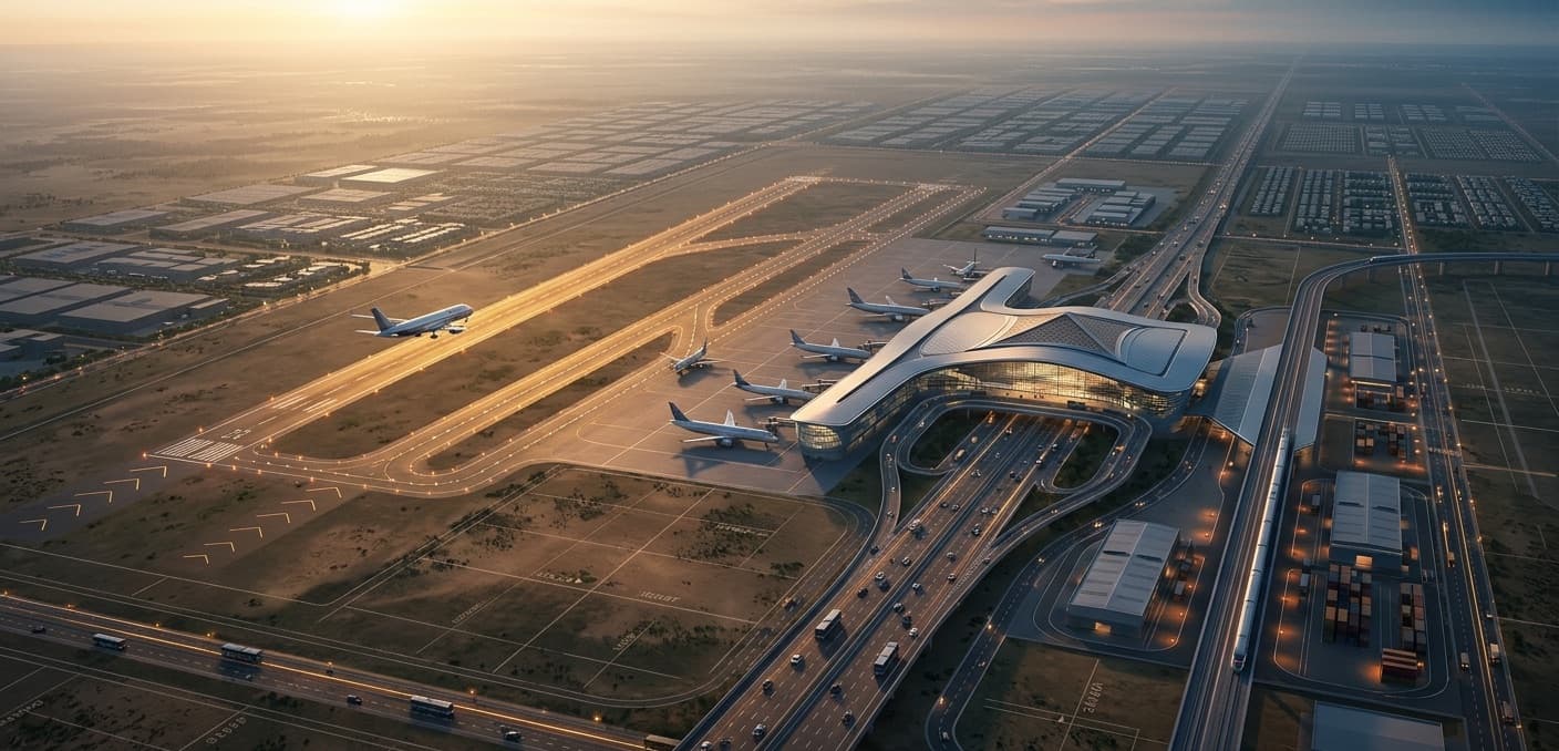 Vision render of Dholera International Airport from the air