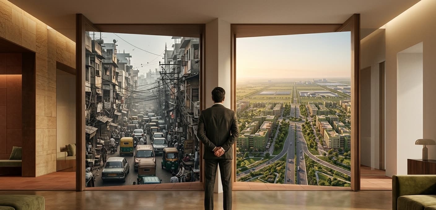 Vision render contrasting a congested old city with planned Dholera, seen from a tower window