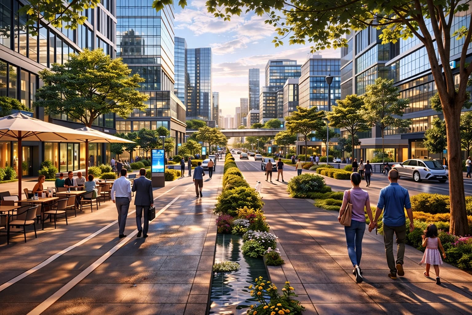 Vision render of a landscaped Dholera high street with offices and cafés
