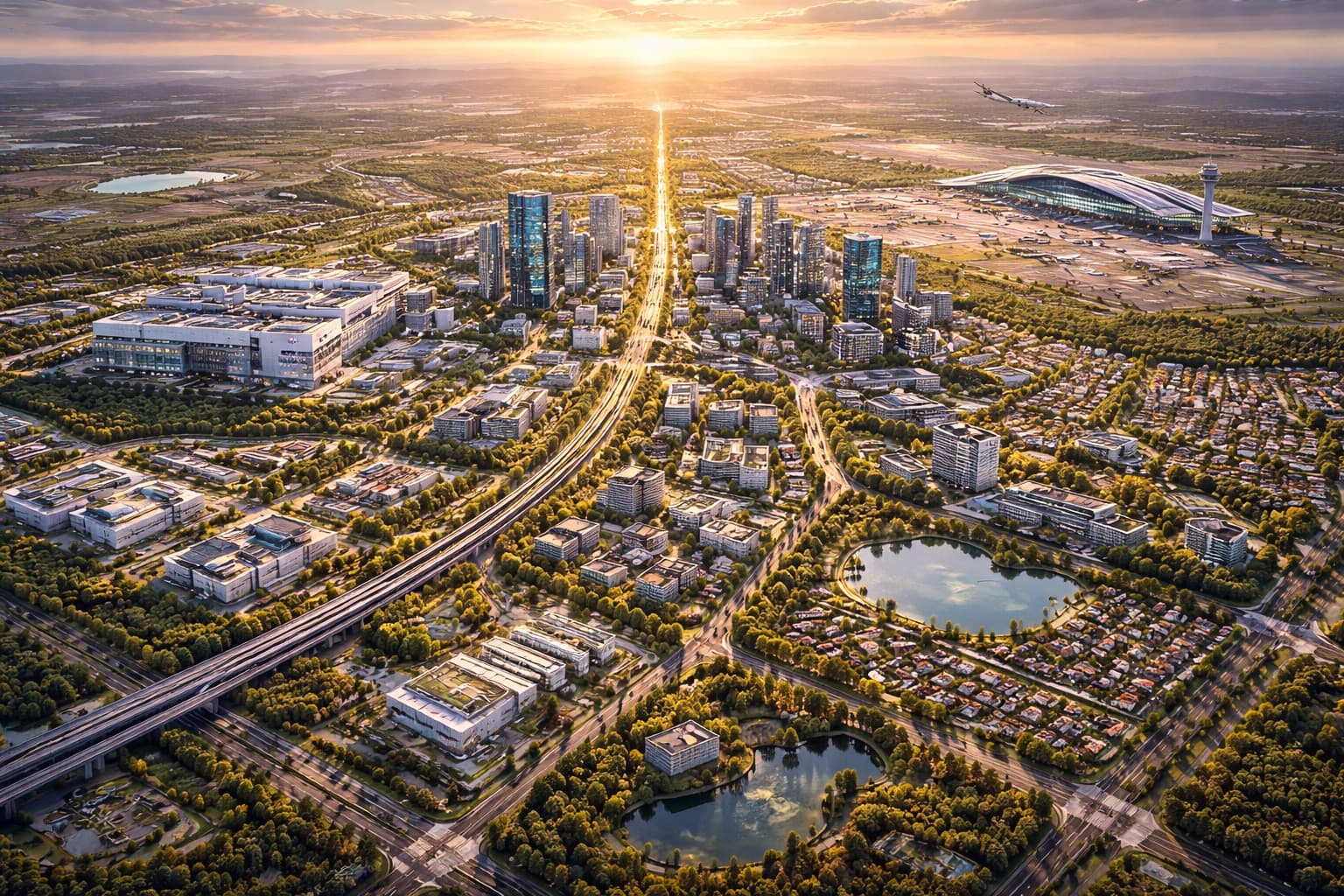 Vision render of Dholera at sunset — a skyline ringed by greenery and lakes