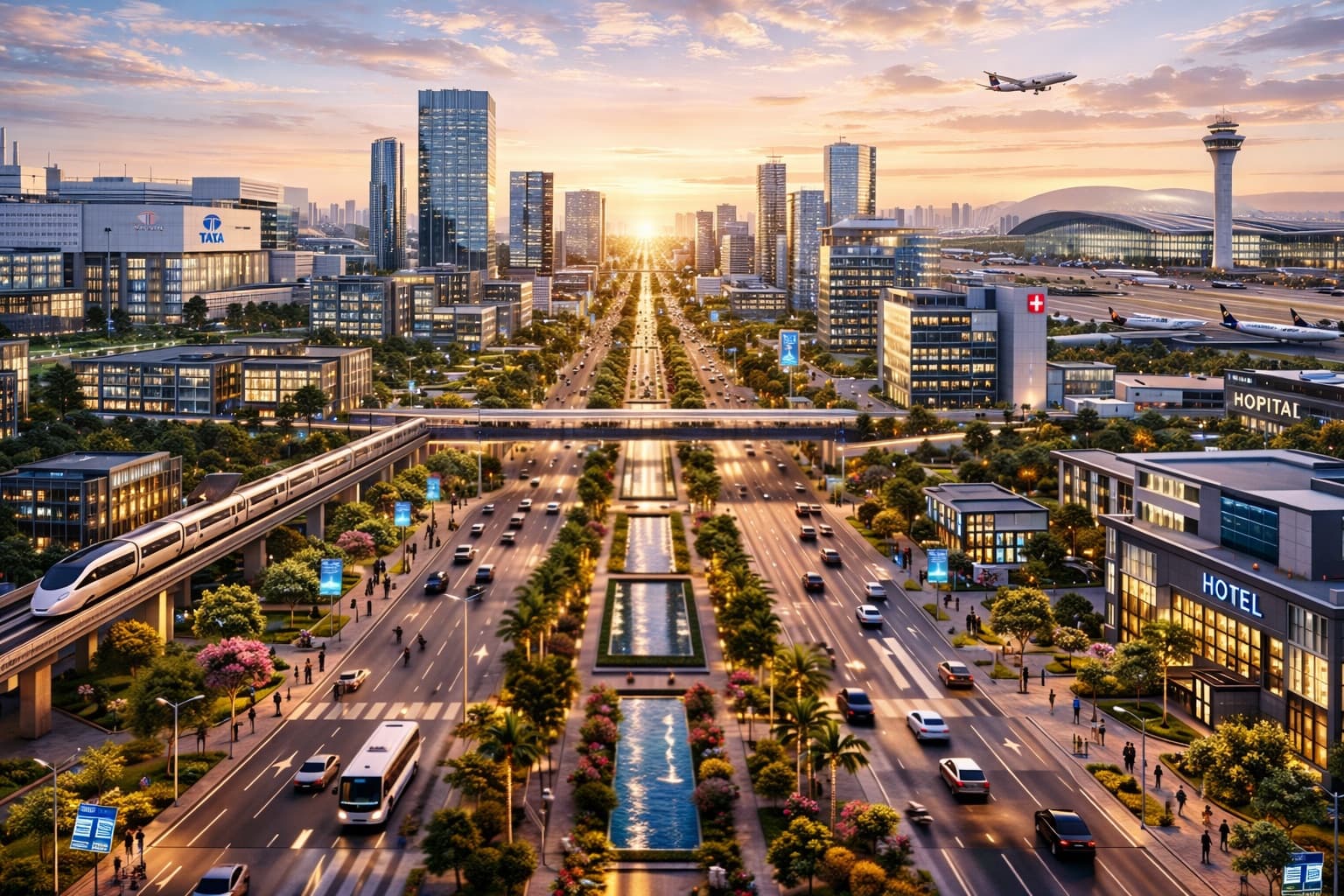 Vision render of a central Dholera boulevard with metro, water channel and towers